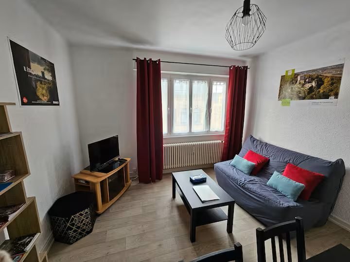 Le séjour de l'appartement de Colmar, son canapé-lit et sa bibliothèque